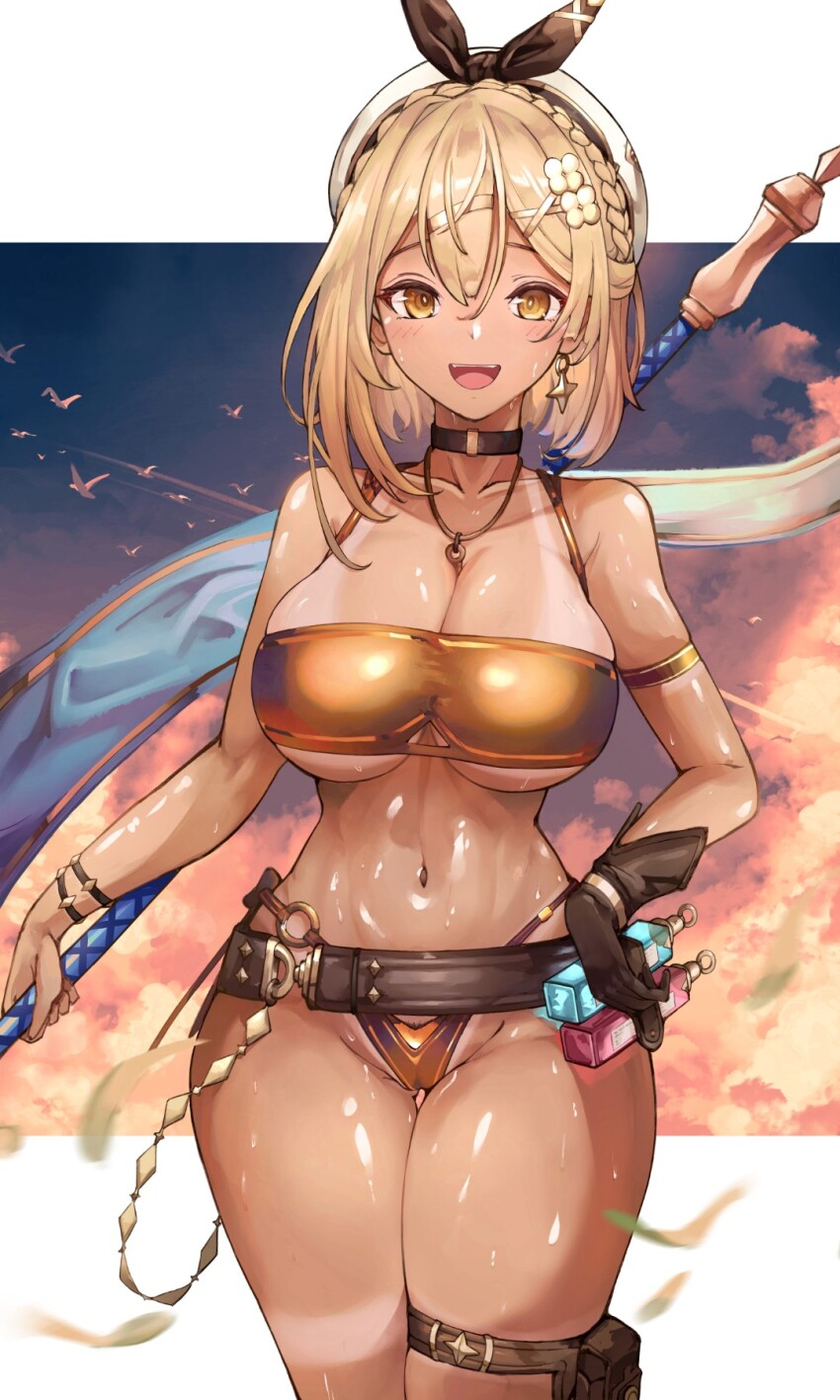 1girl arm_strap atelier_(series) atelier_ryza azur_lane bare_shoulders belt bikini blonde_hair blush braid breasts brown_belt brown_gloves brown_ribbon choker cleavage collarbone dark-skinned_female dark_skin earrings gloves gluteal_fold gold_bikini gyaru hair_between_eyes hair_ornament hair_ribbon hairclip hat highres jewelry large_breasts leather leather_belt leather_gloves lips looking_at_viewer navel necklace pouch pubic_hair pubic_hair_peek reisalin_stout reisalin_stout_(blooming_energy) revealing_clothes ribbon short_hair single_glove skindentation smile solo standing star_(symbol) star_earrings stomach swimsuit tan tanline thick_thighs thigh_gap thigh_pouch thighs underboob vial white_hat yellow_eyes yusha_m