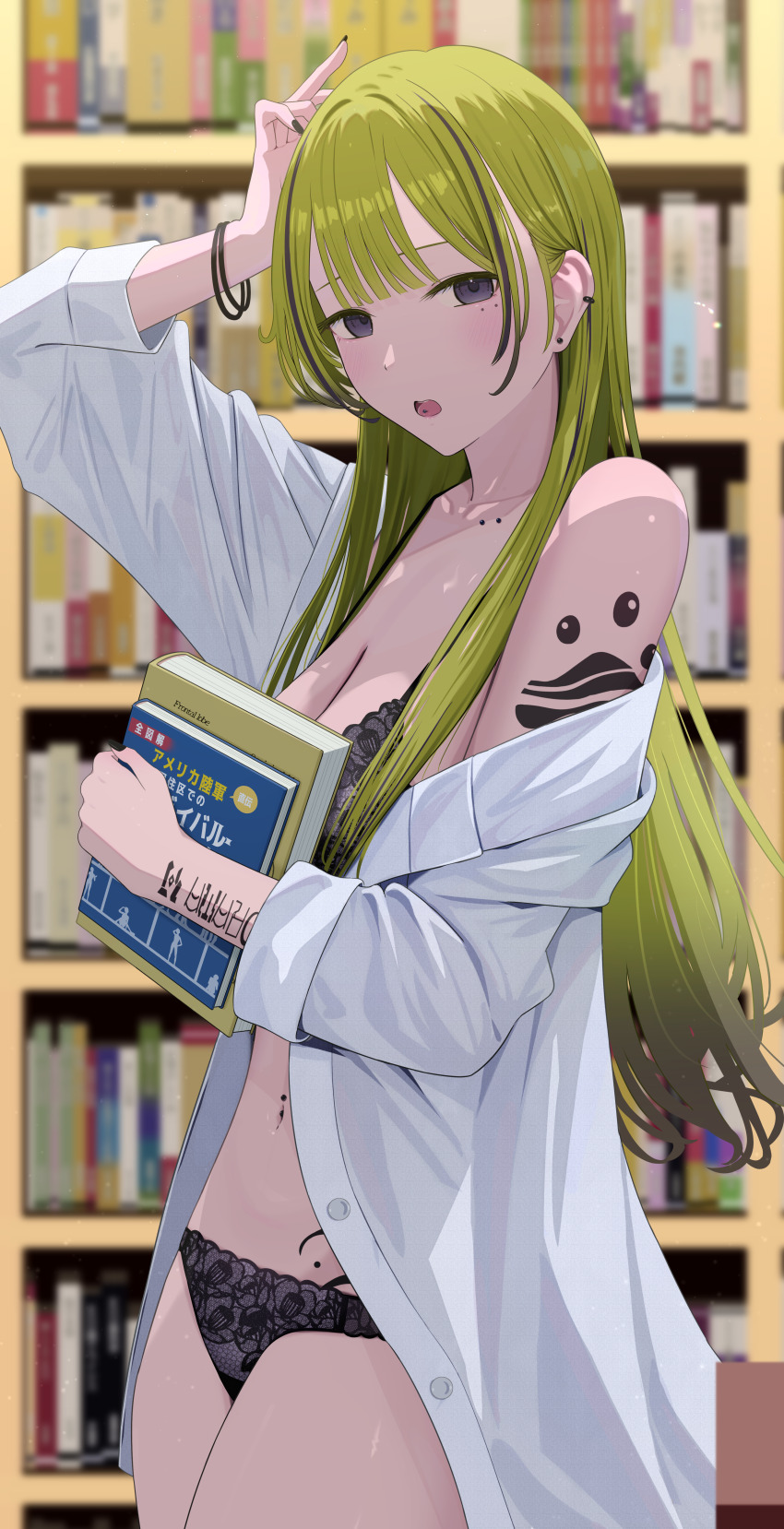 1girl absurdres arm_tattoo arm_up black_bra black_nails black_panties book bookshelf bra breasts cleavage collarbone_piercing commentary_request cowboy_shot earclip earrings expressionless from_side green_hair grey_eyes hair_behind_ear highres holding holding_book inaka_44 indoors jewelry lingerie long_hair long_shirt long_sleeves looking_at_viewer looking_to_the_side mole mole_under_eye navel navel_piercing off_shoulder open_clothes open_mouth open_shirt original panties piercing shirt solo standing straight_hair stud_earrings tattoo tongue_piercing unbuttoned underwear white_shirt wispy_bangs wristband