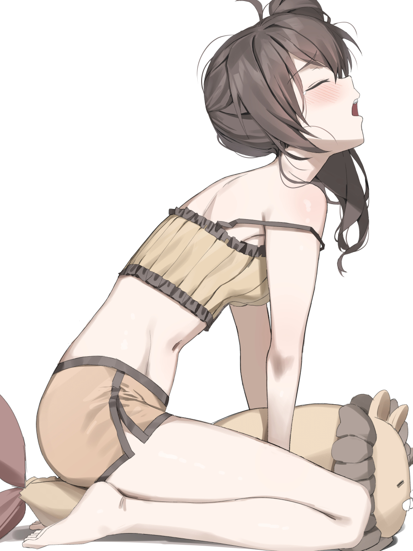 1girl absurdres ahoge back bare_arms bare_legs bare_shoulders barefoot between_legs blush brown_hair camisole commentary crop_top dolphin_shorts ebi_frion_(natsuiro_matsuri) facing_up food frilled_camisole frills from_side full_body highres hololive hunched_over leaning_forward long_hair mascot micro_shorts midriff natsuiro_matsuri natsuiro_matsuri_(matsuri&#039;s_day_off) navel open_mouth orange_shorts profile raised_inner_eyebrows ribbed_camisole scarlet_(wv0102) seiza shorts shoulder_blades shrimp shrimp_tempura side_ponytail side_slit simple_background sitting sleepwear solo strap_slip stuffed_animal stuffed_lion stuffed_toy symbol-only_commentary tears tempura toes virtual_youtuber white_background yawning yellow_camisole