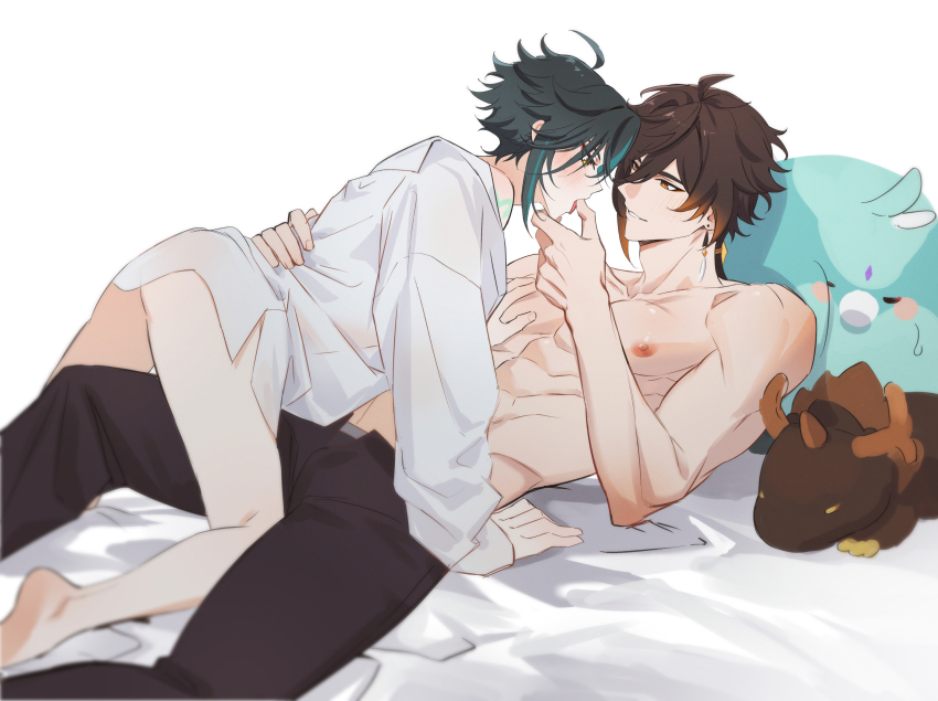 2boys abs absurdres aqua_hair arm_tattoo ass black_hair black_pants brown_hair earrings genshin_impact hair_between_eyes highres jewelry lji_321 long_hair lying male_focus multicolored_hair multiple_boys muscular muscular_male open_mouth pants shirt short_hair smile stuffed_animal stuffed_bird stuffed_dragon stuffed_toy tattoo teeth tongue tongue_out topless_male white_background white_shirt xiao_(genshin_impact) yaoi zhongli_(genshin_impact)