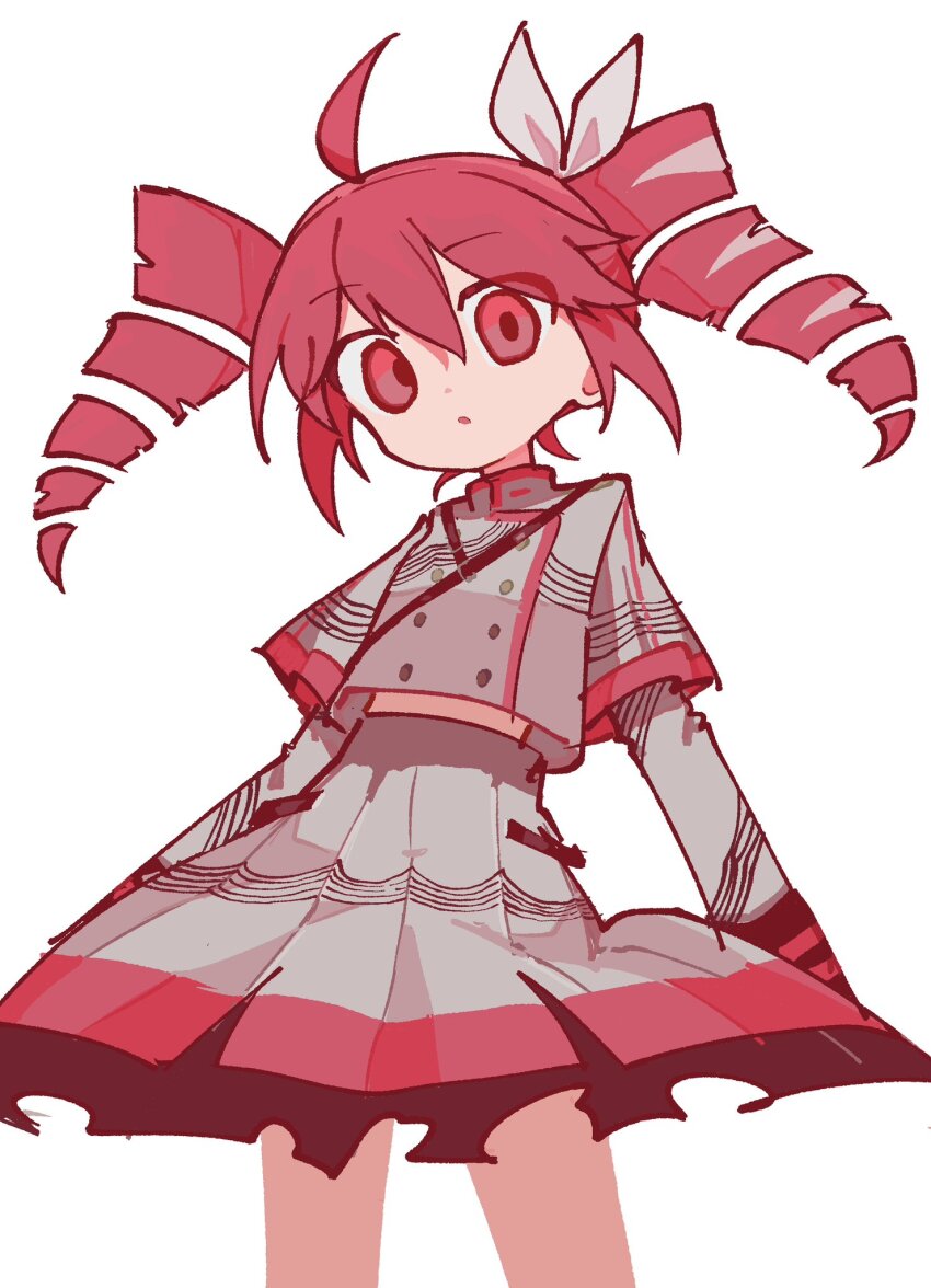 1girl ahoge drill_hair highres kasane_teto long_sleeves looking_at_viewer odayaka open_mouth pink_hair red_eyes red_hair shirt simple_background skirt solo twin_drills twintails utau