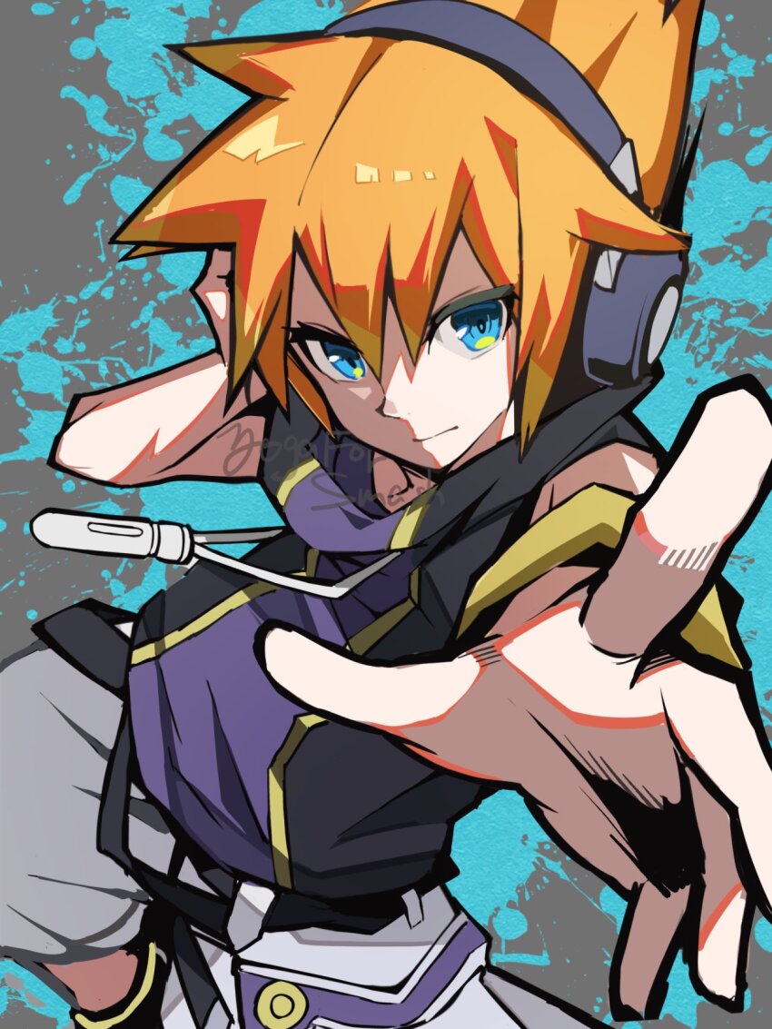1boy arm_up armband blue_eyes closed_mouth commentary_request cowboy_shot digital_media_player digital_walkman dutch_angle hair_between_eyes hand_on_headphones headphones highres hirotaka_(hrtk990203) male_focus multicolored_clothes orange_hair outstretched_arm outstretched_hand partially_shaded_face sakuraba_neku shorts sleeveless solo spiked_hair subarashiki_kono_sekai tank_top walkman_nw-s203f white_shorts yellow_armband