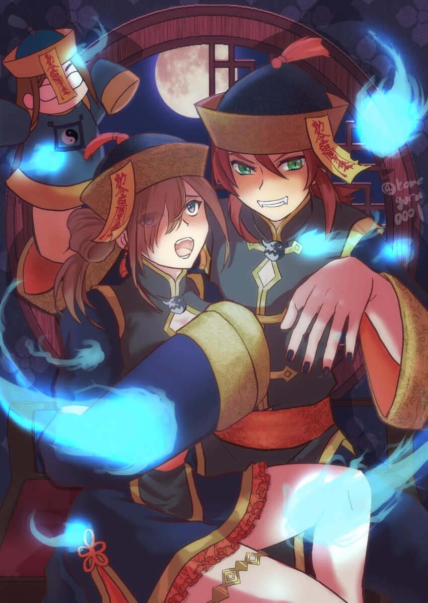 1boy 1girl character_doll commentary_request fangs full_moon green_eyes hair_between_eyes halloween halloween_costume hat highres jade_curtiss komegura luke_fon_fabre moon ofuda ofuda_on_head open_mouth qingdai_guanmao red_hair smile tales_of_(series) tales_of_the_abyss tear_grants teeth v-shaped_eyebrows