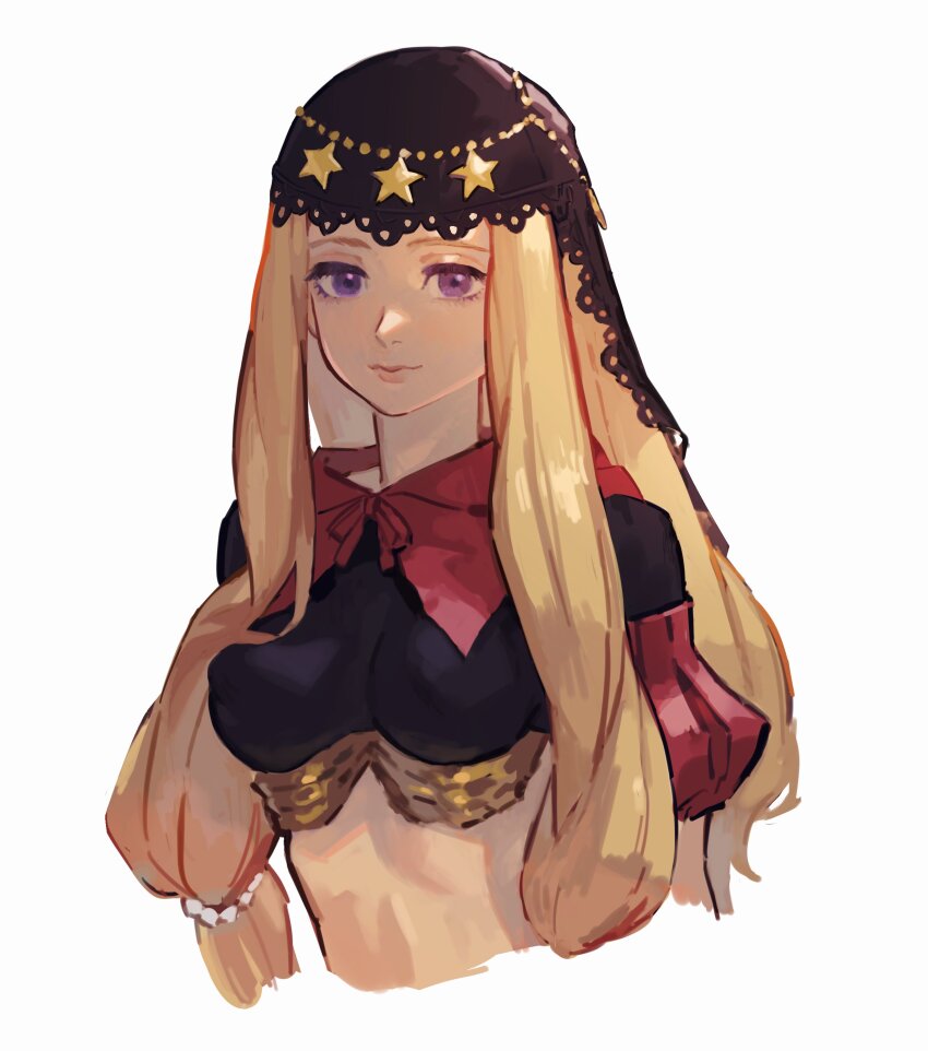 1girl absurdres blonde_hair breasts commentary_request crop_top cropped_torso highres hood light_smile long_hair looking_at_viewer medium_breasts mossan351 odin_sphere purple_eyes simple_background sketch solo upper_body velvet_(odin_sphere)