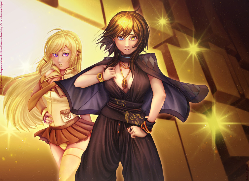 2girls alternate_color atlanta_(azur_lane) azur_lane black_hair blonde_hair blue_eyes braid breasts cleavage commentary commission crown_braid fingerless_gloves georgia_(azur_lane) georgia_(south_town_pearl)_(azur_lane) giorno_giovanna&#039;s_pose_(jojo) gloves gold_experience hair_ornament heterochromia highres jewelry jojo_no_kimyou_na_bouken jojo_pose large_breasts long_hair looking_at_viewer melisaongmiqin multiple_girls necklace panties pantyshot parody pun purple_eyes short_hair single_thighhigh small_breasts sparkle standing thighhighs trait_connection underwear vento_aureo yellow_eyes
