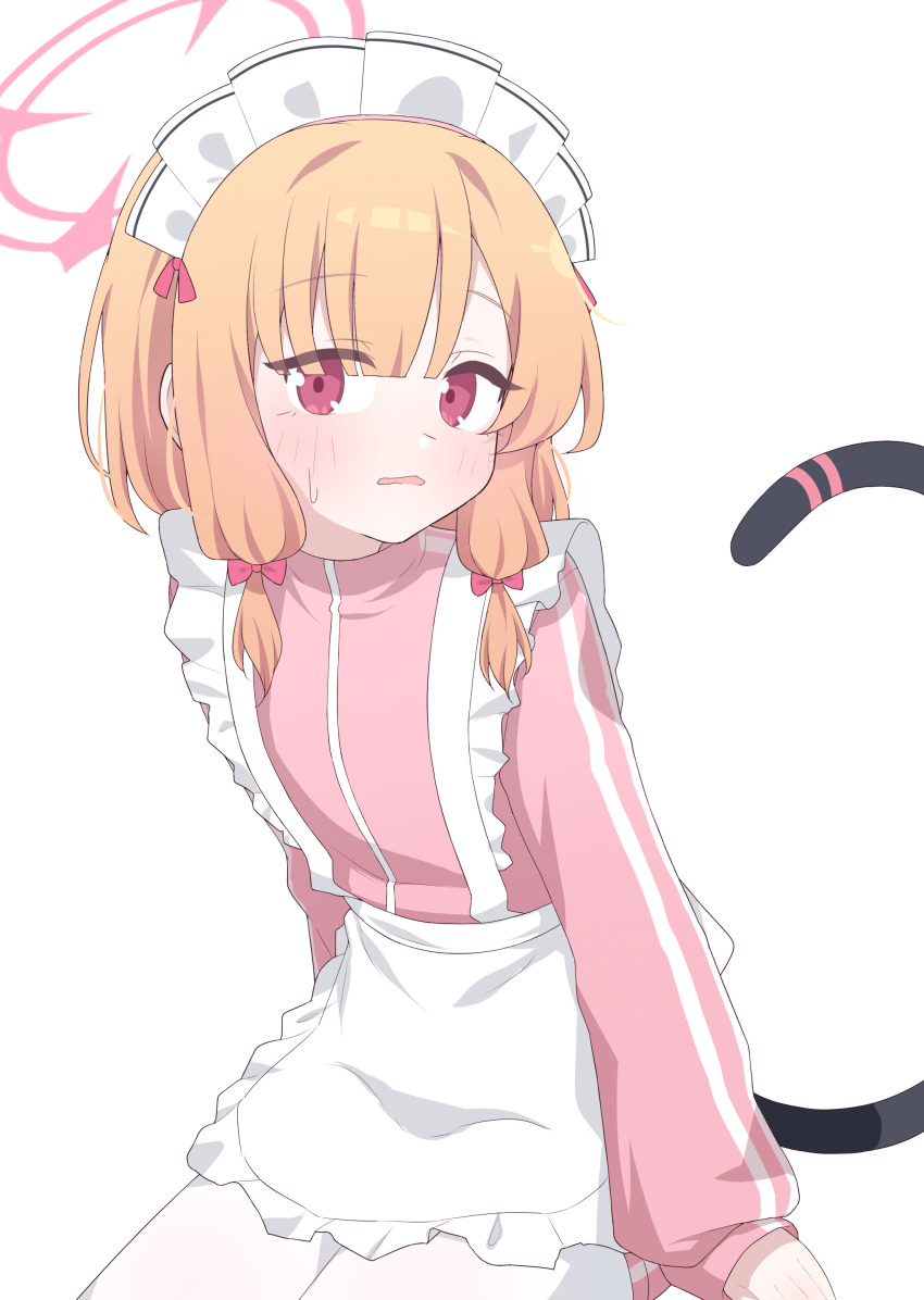 1girl absurdres animal_ear_headphones animal_ears apron blonde_hair blue_archive blush cat_ear_headphones fake_animal_ears frilled_apron frills green_halo hagoonha halo headphones highres holding holding_mop jacket looking_at_viewer low_twintails maid_apron maid_headdress momoi_(blue_archive) momoi_(maid)_(blue_archive) mop pants parted_lips pink_halo pink_jacket pink_pants pink_track_suit red_eyes solo track_jacket track_suit twintails white_apron