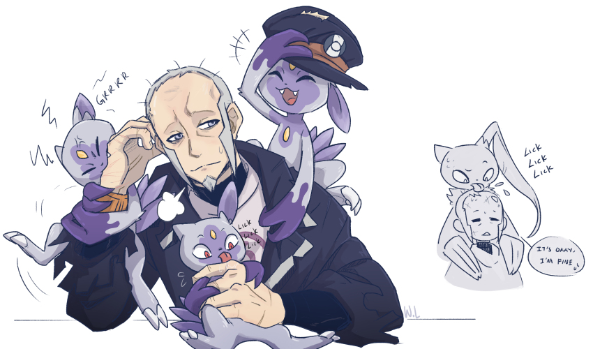 1boy absurdres balding biting black_coat black_hat black_undershirt bracelet closed_mouth coat english_text facial_hair fang gem goatee hat highres hisuian_sneasel ingo_(pokemon) jewelry licking light_smile male_focus nintendo open_mouth pearl_clan_outfit pokemon pokemon_(creature) pokemon_legends:_arceus short_hair sideburns sneasler striped_clothes torn_clothes torn_coat wendylizard white_background