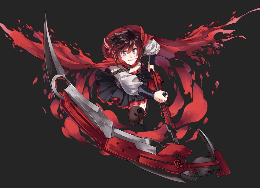1girl ammunition ammunition_belt bag bats belt belt_buckle black_background black_hair blush breasts buckle cape cleavage cloak corset facing_viewer female_focus gradient_hair grey_eyes hair_between_eyes highres lolita_fashion looking_at_viewer medium_breasts multicolored_hair red_cape red_cloak red_hair ruby_rose rwby scythe short_hair simple_background skirt solo thighhighs torn_clothes
