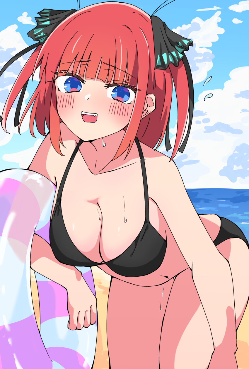 1girl absurdres bikini black_bikini blue_eyes breasts cleavage commentary go-toubun_no_hanayome highres innertube large_breasts leaning_forward medium_hair nakano_nino ocean open_mouth pink_hair solo swim_ring swimsuit teeth upper_teeth_only urishima
