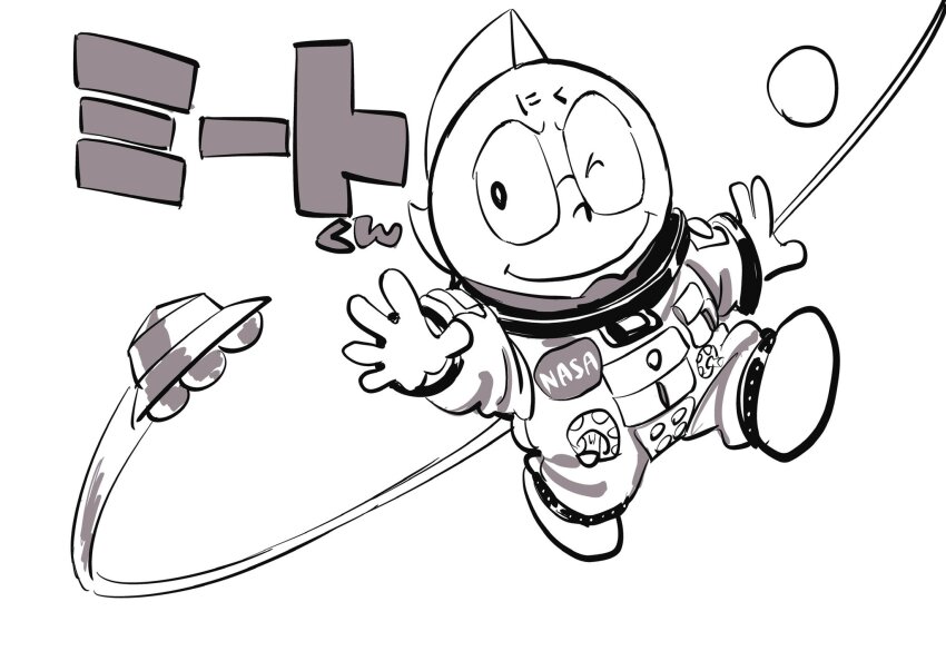 1boy alexandria_meat astronaut floating highres kinnikuman looking_at_viewer mask monochrome smile spacecraft spacesuit sushio translation_request white_background wrestling wrestling_mask
