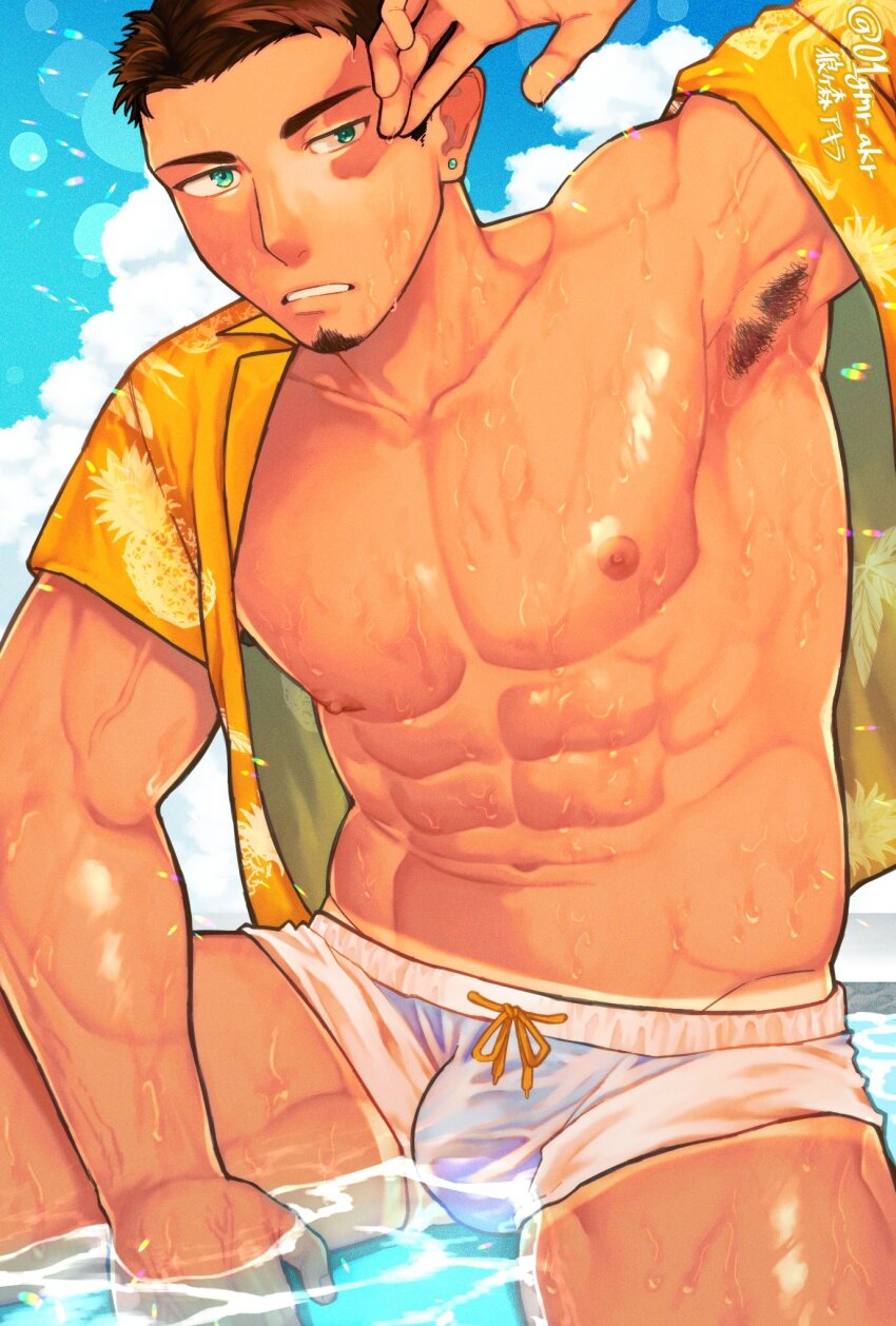 01gmr_akr 1boy abs armpit_hair bara bare_pectorals brown_hair bulge clenched_teeth collarbone earrings facial_hair goatee green_eyes hawaiian_shirt highres jewelry male_focus male_swimwear muscular muscular_male nipples original pectorals see-through_male_swimwear shading_eyes shirt short_hair solo stud_earrings swim_trunks tan tanline teeth veins veiny_arms wading wet white_male_swimwear yellow_shirt