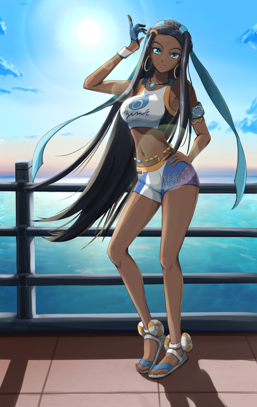 1girl absurdres belly_chain bikini bikini_shorts blue_bikini blue_eyes blue_gloves blue_ribbon blue_shorts blue_sky closed_mouth contrapposto dark-skinned_female dark_skin day earrings floating_hair full_body gloves greyscale hair_ribbon hand_on_own_hip hgus5855 highres hoop_earrings jewelry long_hair looking_at_viewer monochrome multicolored_bikini multicolored_shorts navel nessa_(pokemon) nintendo ocean outdoors pokemon pokemon_swsh print_bikini ribbon shorts single_glove sky smile solo sports_bikini standing sun swimsuit very_long_hair white_bikini white_shorts wristband