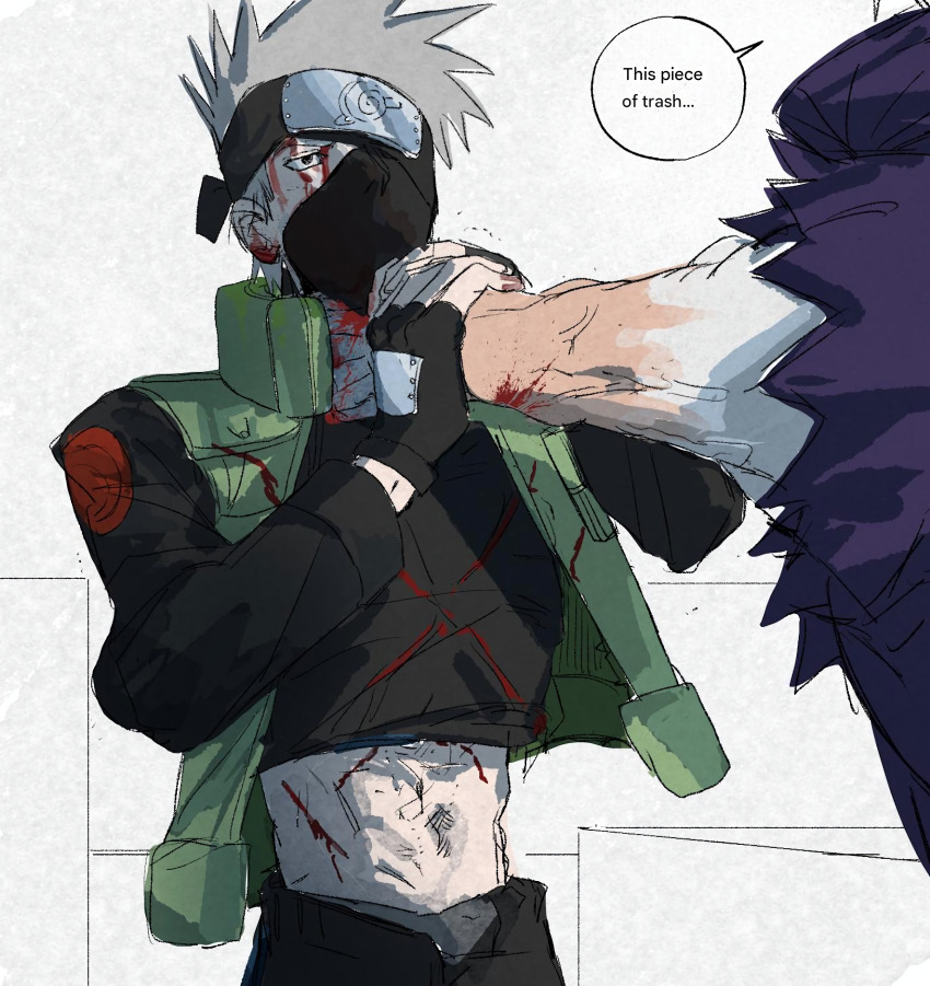 2boys absurdres bandana blood blood_on_face english_text gloves grey_hair hanged hatake_kakashi highres jobbpann konohagakure_shinobi_uniform konohagakure_symbol male_focus mask mouth_mask multiple_boys muscular muscular_male narrow_waist naruto_(series) naruto_shippuuden uchiha_obito uzumaki_symbol