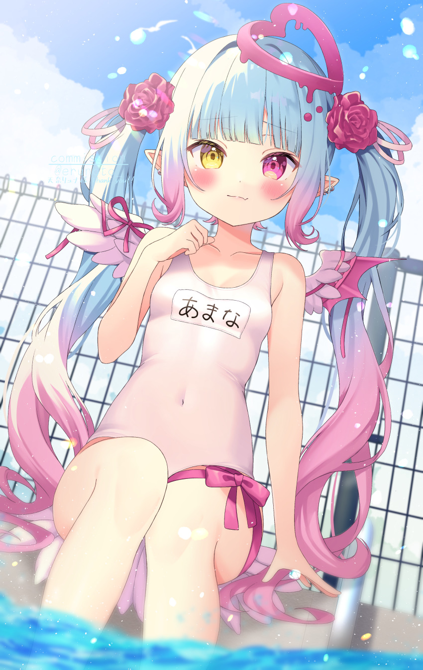 1girl absurdres amana_ryuna angel_wings bare_arms bare_legs bare_shoulders bat_wings blue_hair blue_sky blunt_bangs blush breasts closed_mouth clothes_writing cloud collarbone commentary_request commission covered_navel day dot_nose erunoto flower gradient_hair hair_flower hair_ornament heterochromia highres indie_virtual_youtuber knees long_hair looking_at_viewer multicolored_hair navel one-piece_swimsuit outdoors pink_eyes pink_hair pool red_flower school_swimsuit sidelocks sitting skeb_commission sky small_breasts solo swimsuit thighs translation_request twintails two-tone_hair very_long_hair virtual_youtuber water wings yellow_eyes