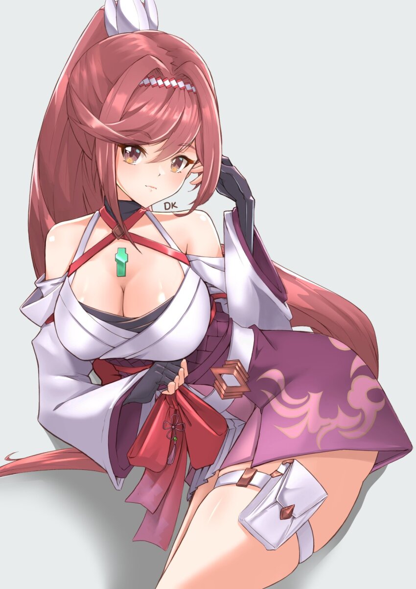 1girl breasts cleavage criss-cross_halter deekei glimmer_(xenoblade) hairband halterneck high_ponytail highres japanese_clothes kimono large_breasts obi ponytail pouch red_hair sash smile solo swept_bangs thigh_pouch two-tone_hairband white_kimono xenoblade_chronicles_(series) xenoblade_chronicles_3 xenoblade_chronicles_3:_future_redeemed