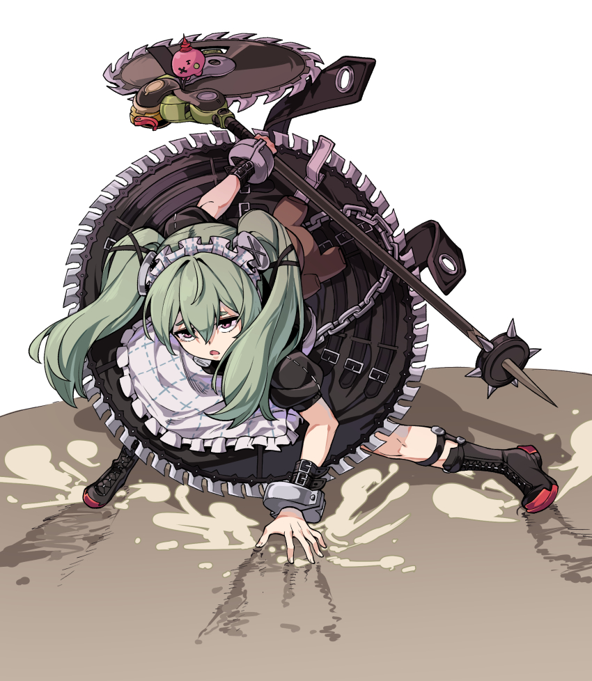 1girl apron arm_support belt black_belt black_boots black_dress boots circular_saw corin_wickes crossed_bangs cuffs dress dust_cloud floating_clothes floating_hair frilled_apron frills full_body green_hair grey_apron hair_between_eyes hair_ornament highres holding holding_polearm holding_weapon lace-up_boots legwear_garter long_hair looking_at_viewer maid maid_apron maid_headdress multiple_belts open_mouth polearm police_riot_(artist) puffy_short_sleeves puffy_sleeves purple_eyes saw shadow short_sleeves sidelocks simple_background stuffed_animal stuffed_toy teddy_bear thick_eyebrows triangle_mouth twintails weapon white_background wrist_belt x_hair_ornament zenless_zone_zero