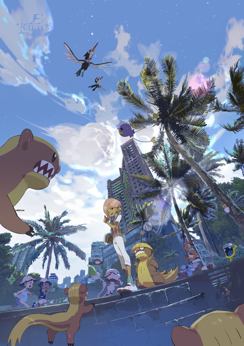 1girl 3boys 6+others alolan_form alolan_grimer alolan_rattata black_belt_(pokemon) building cloud dark-skinned_male dark_skin drifloon e_volution gen_2_pokemon gen_4_pokemon gen_7_pokemon grubbin gumshoos highres ilima_(pokemon) komala looking_at_viewer milky_way multiple_boys multiple_others nintendo outdoors palm_tree pink_hair pokemon pokemon_sm preschooler_(pokemon) sky skyscraper smeargle star_(sky) sunlight tree trumbeak yungoos