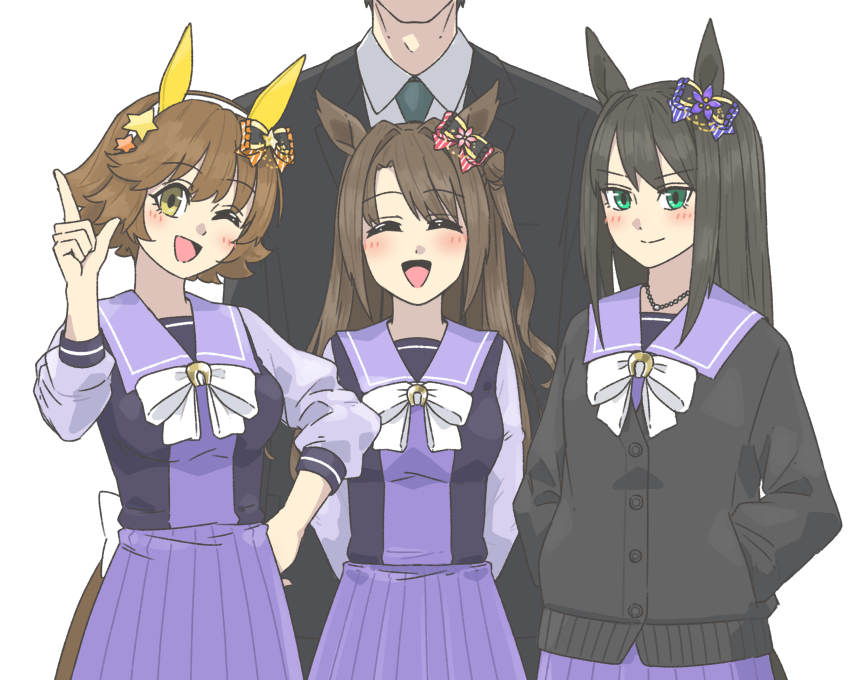 1boy 3girls ;d ^_^ absurdres alternate_costume animal_ears arms_behind_back black_cardigan black_hair bow bowtie brown_hair business_suit cardigan closed_eyes ear_covers ear_ornament facing_viewer flipped_hair formal_clothes green_eyes hands_in_pockets highres honda_mio horse_ears horse_girl horse_tail idolmaster idolmaster_cinderella_girls index_finger_raised jewelry kopperion long_hair long_sleeves looking_at_viewer multiple_girls necklace new_generations_(idolmaster) one_eye_closed open_mouth pleated_skirt producer_(idolmaster) producer_(idolmaster_cinderella_girls_anime) purple_shirt purple_skirt sailor_collar sailor_shirt school_uniform shibuya_rin shimamura_uzuki shirt short_hair skirt smile suit tail tracen_school_uniform umamusume white_bow white_bowtie winter_uniform