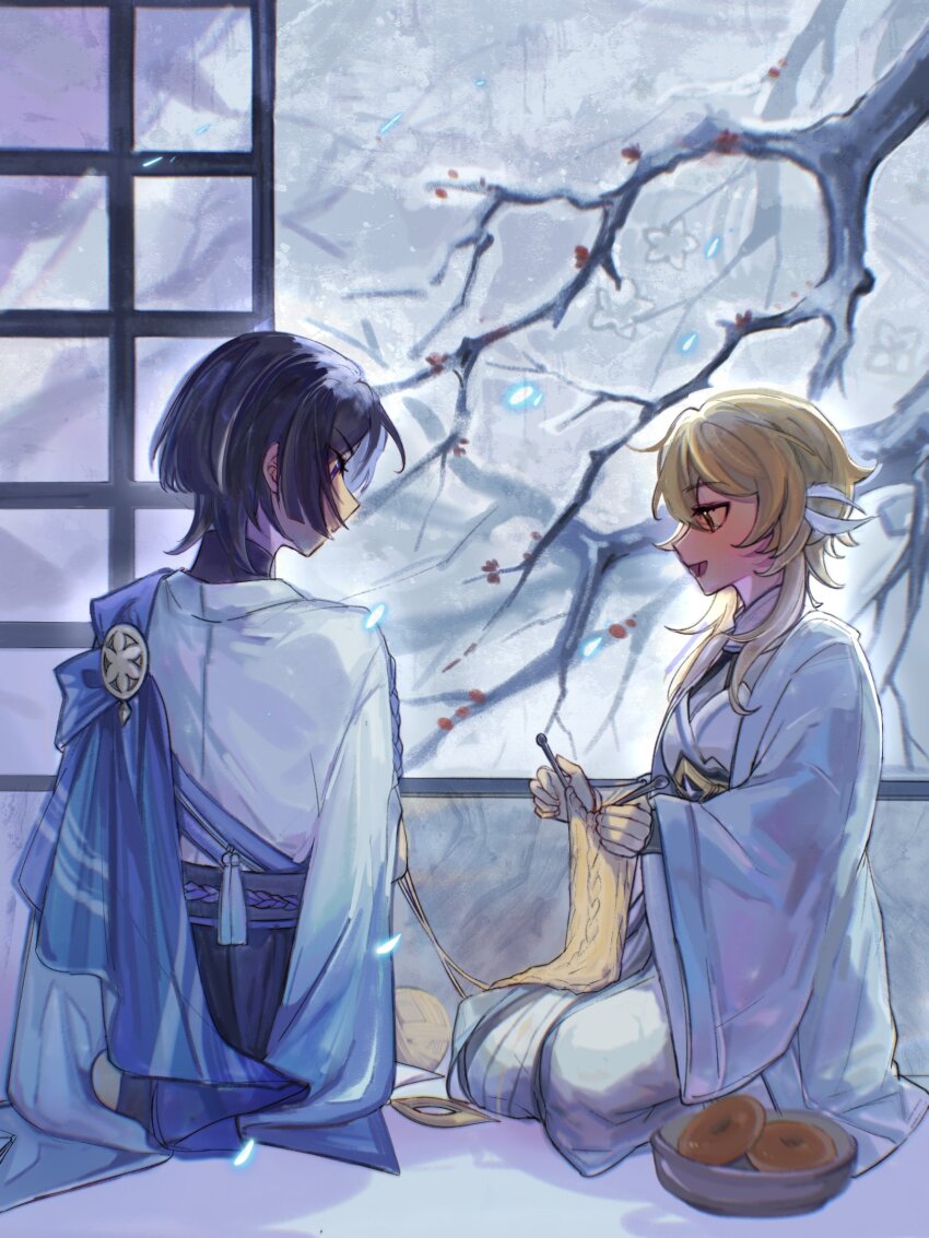 1boy 1girl bagel belt black_belt black_eyes black_hair black_shorts blonde_hair blue_cape blue_sleeves blue_trim blunt_ends branch cape dress eyelashes feather_hair_ornament feathers flower furisode genshin_impact gold hair_ornament halterneck haori highres indoors japanese_clothes kimono knitting knitting_needle long_sleeves looking_at_another looking_down lumine_(genshin_impact) multicolored_hair needle nihaowojiaoshanghetu open_mouth purple_hair purple_rope rope scaramouche_(genshin_impact) scarf seiza short_hair short_hair_with_long_locks shorts sidelocks sitting streaked_hair tongue wanderer_(genshin_impact) white_dress white_feathers white_flower white_kimono white_scarf white_sleeves wide_sleeves window yarn yarn_ball