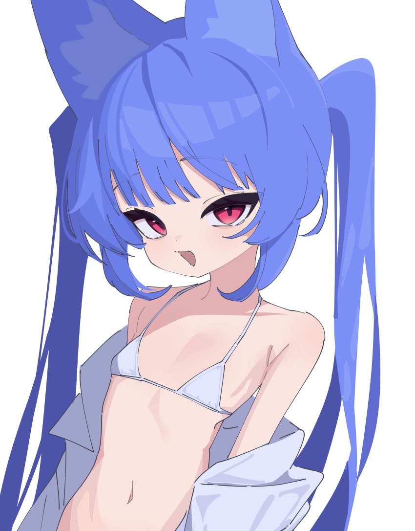 1girl absurdres animal_ears bikini blue_hair breasts commentary fox_ears fox_girl halterneck highres long_hair looking_at_viewer miya_(myakuro) myakuro open_mouth original red_eyes simple_background small_breasts solo swimsuit twintails upper_body white_background white_bikini