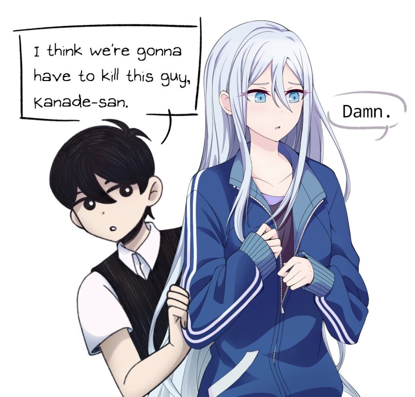 1boy 1girl antenna_hair black_eyes black_hair black_shirt black_sweater_vest blue_eyes blue_jacket bright_pupils character_name collarbone collared_shirt commentary crossover double-parted_bangs english_commentary english_text eyes_visible_through_hair fingernails grey_hair hair_behind_ear hair_between_eyes hand_on_another&#039;s_arm hands_up hatching_(texture) highres i_think_we&#039;re_gonna_have_to_kill_this_guy_steven_(meme) jacket long_hair long_sleeves looking_at_another looking_to_the_side meme no_sclera omori parted_lips partially_unzipped project_sekai puffy_long_sleeves puffy_sleeves shirt short_hair short_sleeves sidelocks simple_background sleeves_past_wrists speech_bubble straight_hair sunny_(omori) sweater_vest trait_connection upper_body very_long_hair very_short_hair white_background white_pupils white_shirt yoisaki_kanade yuunnikko