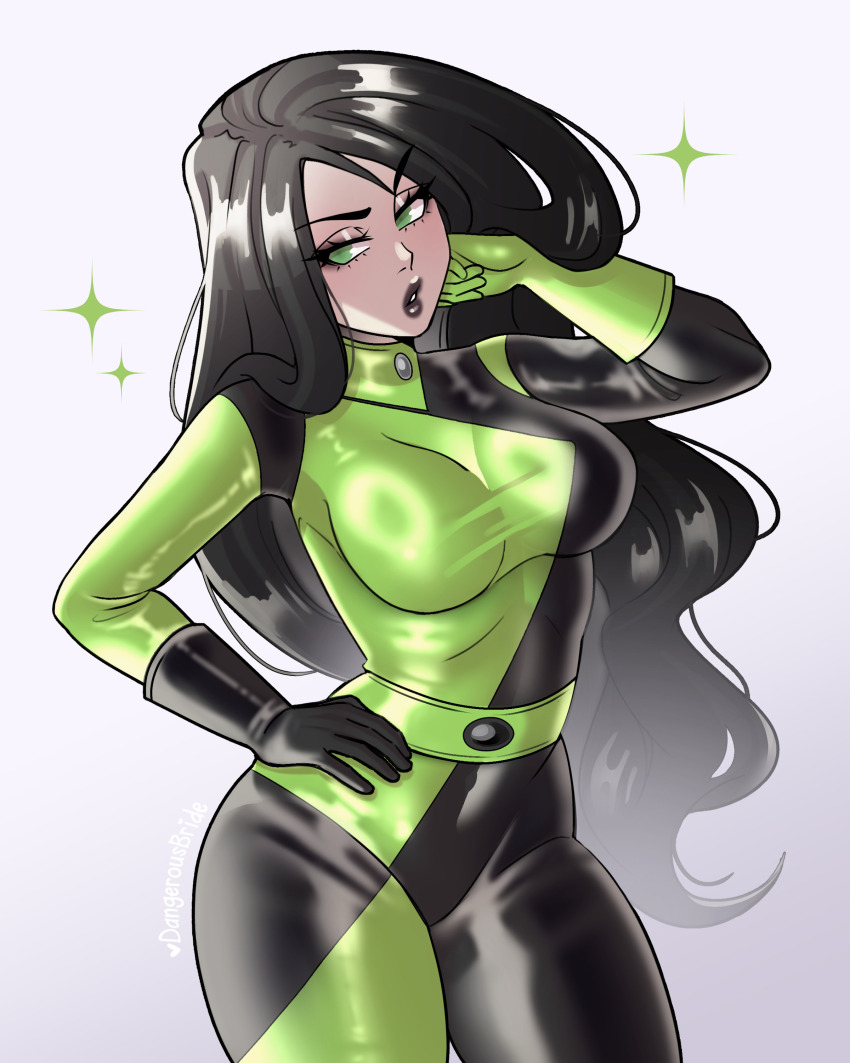 1girl absurdres artist_name asymmetrical_gloves black_eyeliner black_gloves black_hair black_lips breasts commentary contrapposto dangerousbride eyeliner gloves green_eyes green_gloves hand_on_own_hip highres kim_possible_(series) large_breasts long_hair makeup mismatched_gloves parted_lips shego solo sparkle thighs v-shaped_eyebrows very_long_hair wavy_hair