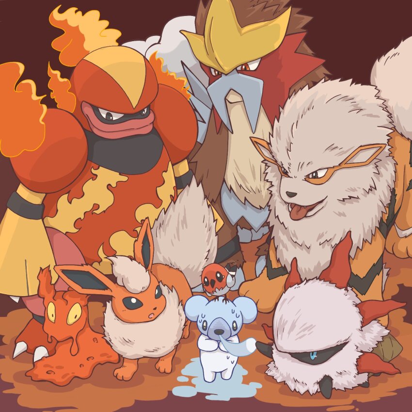 animal_focus arcanine bird black_eyes blue_eyes commentary_request cubchoo entei flareon fletchling gen_1_pokemon gen_2_pokemon gen_4_pokemon gen_5_pokemon gen_6_pokemon highres larvesta legendary_pokemon magmortar nintendo no_humans open_mouth orange_fur pokemon pokemon_(creature) red_background slugma tongue tongue_out tora_(tsmc5353) white_fur yellow_eyes