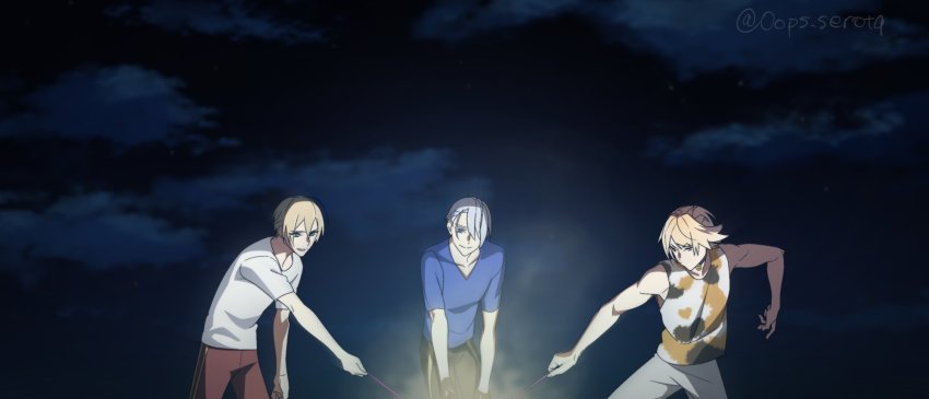 3boys aqua_eyes black_gloves blonde_hair blue_eyes choker cloud derivative_work gloves hair_over_one_eye highres male_focus multiple_boys nansen_ichimonji night night_sky pants screenshot_redraw serota shirt silver_hair sky t-shirt tank_top touken_ranbu track_pants twitter_username yamanbagiri_chougi yamanbagiri_kunihiro yellow_eyes yuri!!!_on_ice