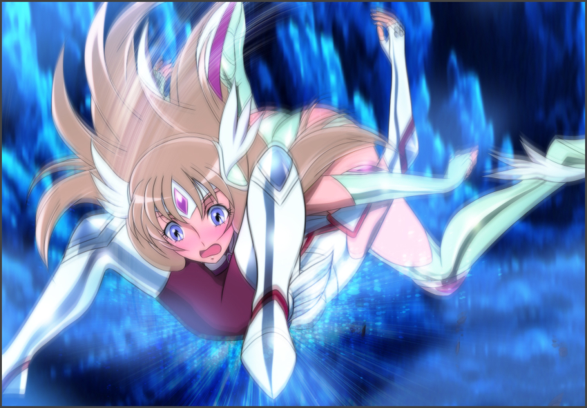 10s 1girl 69 aquila_yuna armor blonde_hair blue_eyes blush embarrassed highres legs long_hair looking_down open_mouth pegasus_koga saint_seiya saint_seiya_omega sexually_suggestive spread_legs thighs yadokari_genpachirou