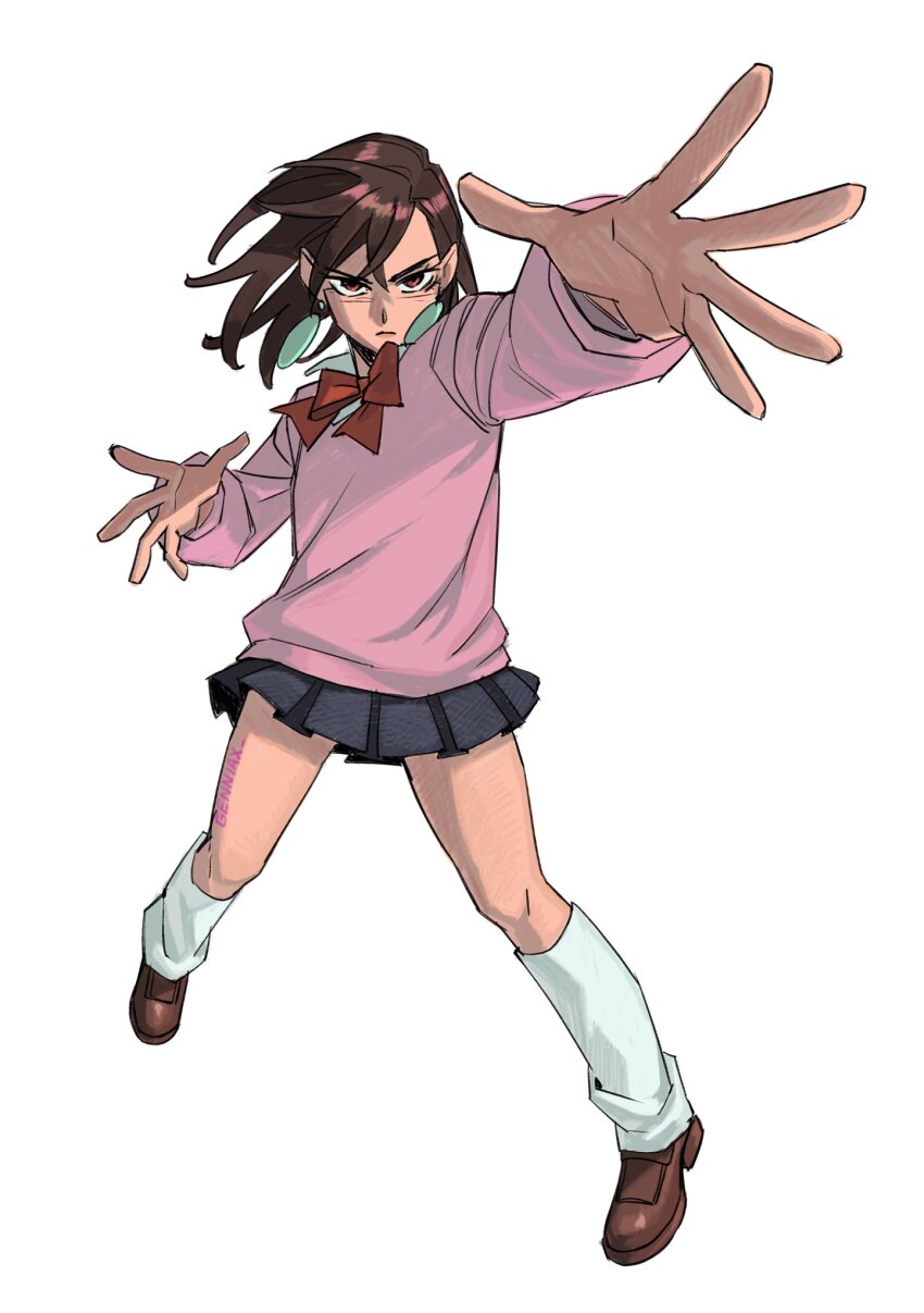 1girl ayase_momo black_skirt bow bowtie brown_eyes brown_hair brown_shoes commentary dandadan earrings english_commentary foreshortening frown full_body genniax highres jewelry loose_socks miniskirt pink_shirt pleated_skirt red_bow red_bowtie school_uniform serious shirt shoes skirt socks solo white_socks