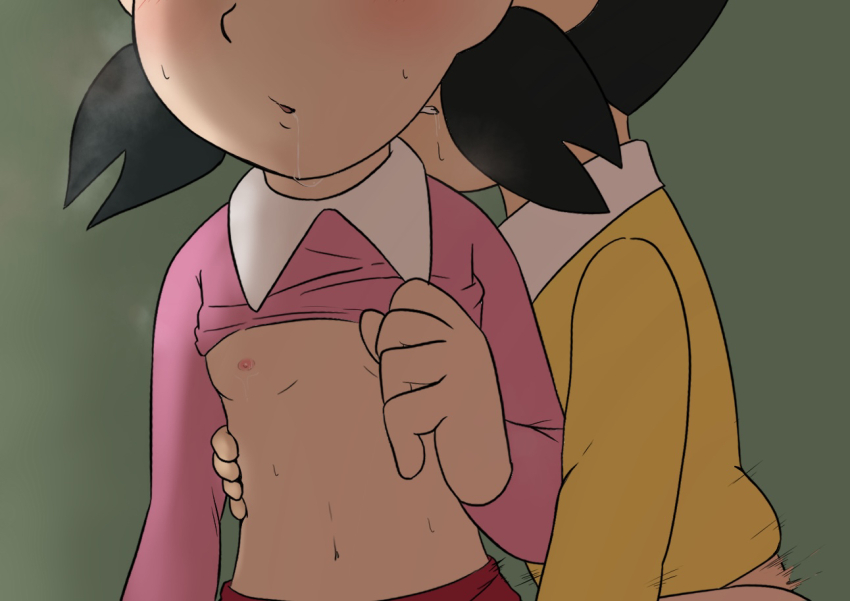 1boy 1girl black_hair blush doraemon hetero loli minamoto_shizuka nobi_nobita shota twintails