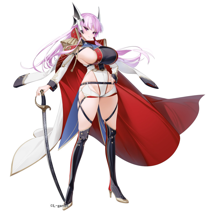 1girl absurdres aiguillette aku_no_onna_kanbu:_perigee_new_moon arrow_(tamawo222) belt black_belt black_boots boots breasts clothing_cutout coat coat_on_shoulders collar demon_wings epaulettes floating_clothes floating_hair gold_trim hair_ornament hair_tubes halterneck hand_on_hilt hand_on_own_hip high_heel_boots high_heels highres huge_breasts leotard long_hair long_sleeves looking_at_viewer official_art open_clothes open_coat pink_eyes pink_hair red_coat revealing_clothes sideboob single_epaulette skindentation sleeve_cuffs solo standing sword thigh_strap tight_clothes underbust weapon white_background white_coat wing_hair_ornament wings