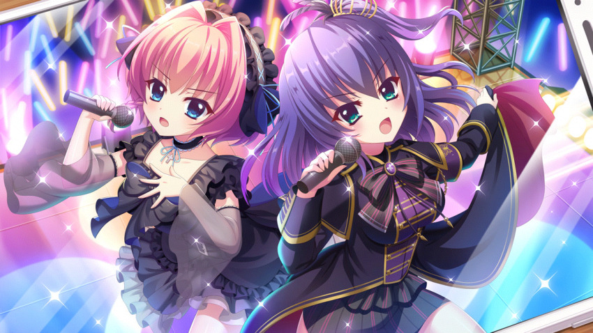 2girls aqua_eyes armband audience black_bow black_choker black_dress black_feathers black_headdress black_skirt black_sleeves blue_eyes blue_hair blue_ribbon bow breasts brooch choker coat coat_hold collarbone concert cosplay cowboy_shot crown detached_sleeves dot_nose dress duet feather_hair_ornament feathers film_grain frilled_choker frilled_dress frills from_above game_cg glowstick hair_intakes hair_ornament hair_ribbon hand_on_own_chest hiiragi_kae holding holding_microphone honjou_kasumi izumi_tsubasu jewelry looking_at_viewer medium_breasts medium_hair microphone mini_crown multiple_girls non-web_source official_art open_mouth pencil_skirt pink_hair purple_armband re:stage! red_coat ribbon see-through_clothes see-through_sleeves shikimiya_aone shiratori_amaha_(re:stage!) shiratori_amaha_(re:stage!)_(cosplay) short_hair skirt sparkle stage stage_lights striped_clothes striped_skirt tile_floor tiles tilted_headwear two-sided_coat two-sided_fabric vertical-striped_clothes vertical-striped_skirt