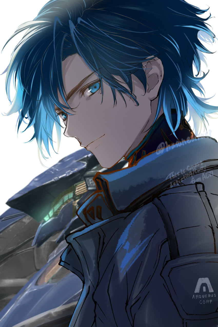 1boy 1other absurdres armored_core armored_core_vi:_fires_of_rubicon assault_visor blue_eyes blue_hair fromsoftware hasunesirusi highres jacket looking_at_viewer mecha mole mole_under_eye robot short_hair steel_haze v.iv_rusty