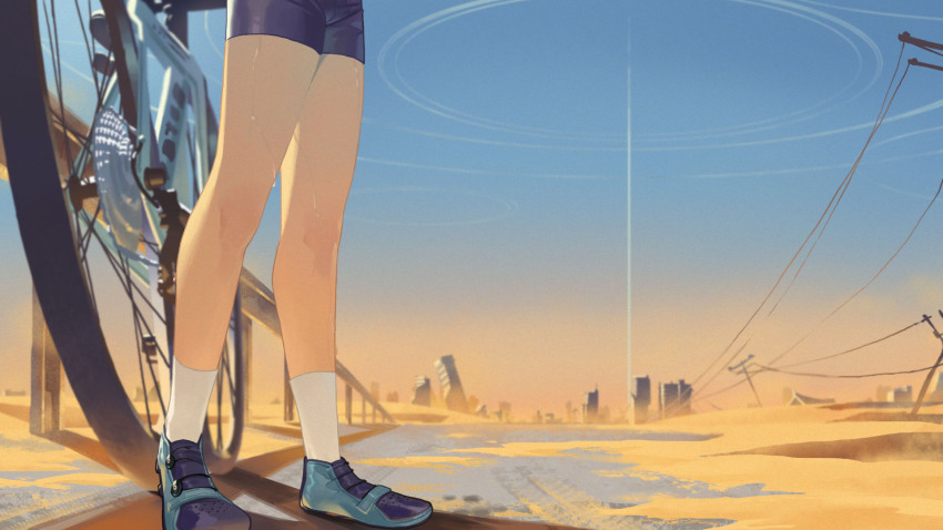 1girl bicycle bike_shorts blue_archive blue_sky commentary day highres leg_focus li-mi lower_body outdoors road sand scenery shiroko_(blue_archive) sky socks solo standing sweat white_socks