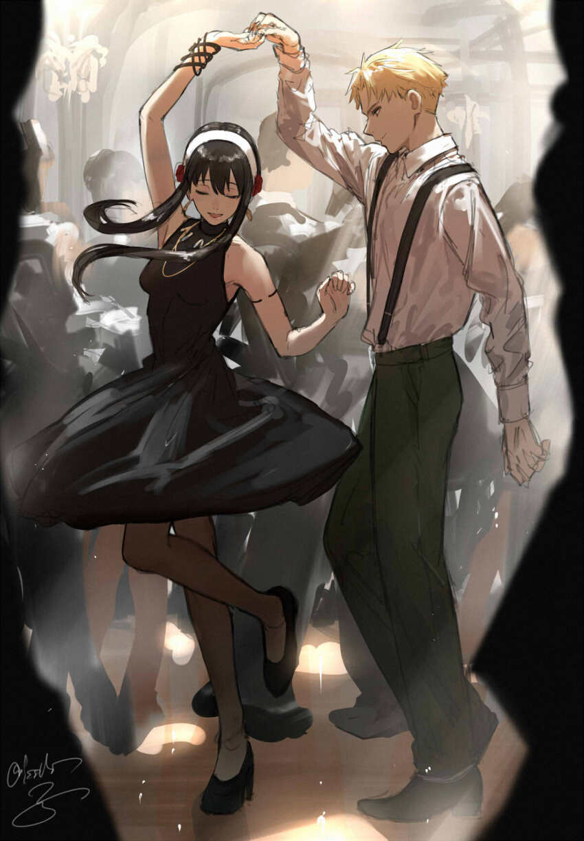 arm_up armlet black_dress black_footwear black_hair black_pants blonde_hair closed_eyes collared_shirt dance_floor dancing dress dress_shirt earrings floating_earrings hairband high_heels highres isshiki_(ffmania7) jewelry long_hair necklace open_mouth pants shirt short_hair sidelocks signature sleeveless sleeveless_dress spy_x_family suspenders twilight_(spy_x_family) white_hairband white_shirt yor_briar