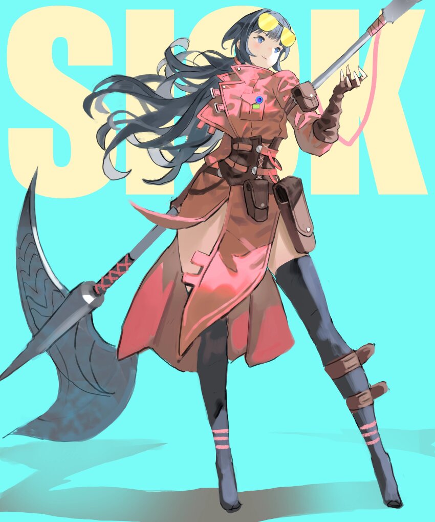 1girl absurdres aqua_background arowana2111 black_hair blue_eyes coat eyewear_on_head fingerless_gloves girdle gloves halberd highres holding holding_polearm holding_weapon holster huge_weapon light_smile long_hair original polearm red_coat standing thigh_holster weapon yellow-framed_eyewear