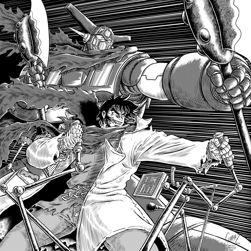 1boy absurdres axe bandaged_hand bandages chain chain_belt coat cockpit dual_wielding gamaseven getter-1 getter_robo greyscale grin hands_up highres holding holding_axe ishikawa_ken_(style) long_scarf male_focus mecha monochrome nagare_ryoma parody robot scarf shin_getter_robo shirt short_hair smile style_parody torn_clothes torn_scarf torn_shirt torn_sleeves