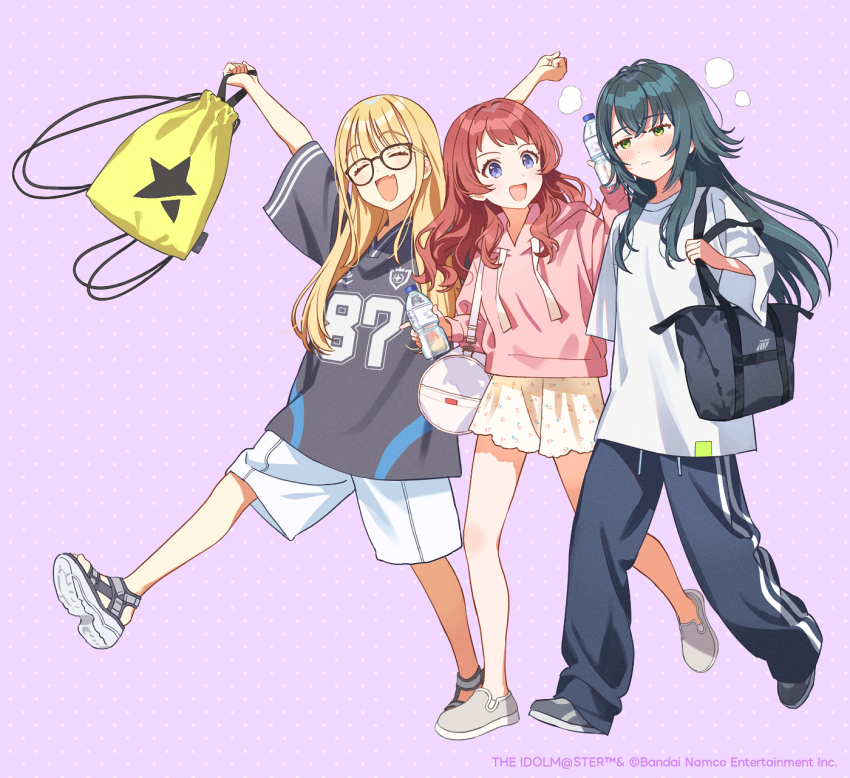 3girls bag black_pants bottle fujita_kotone gakuen_idolmaster glasses grey_shoes hanami_saki highres idolmaster multiple_girls official_art open_mouth pants poo_(donkan_gokko) purple_eyes red_hair sandals shoes tsukimura_temari water_bottle