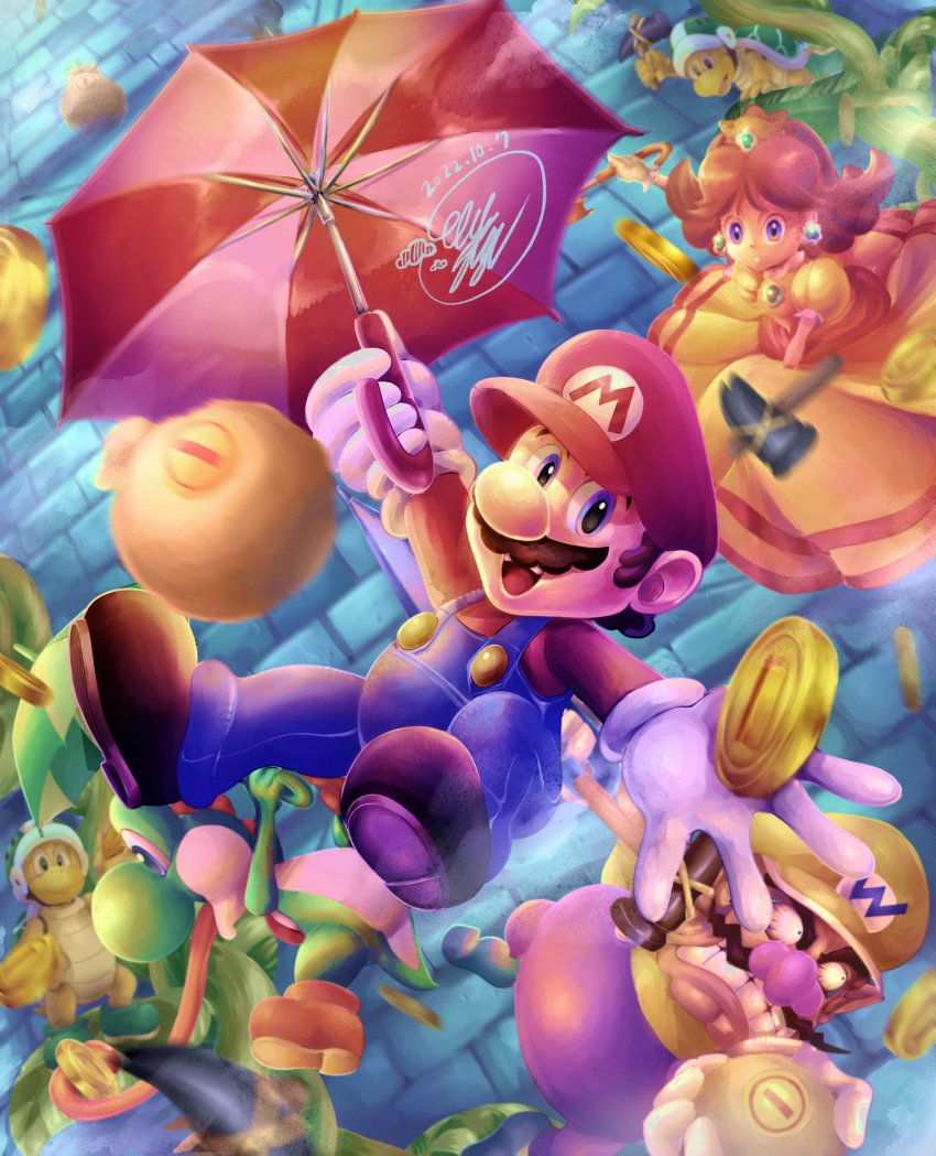 1girl 3boys blue_eyes brown_hair coin crown dress earrings facial_hair fat fat_man flower_earrings gloves gold_coin grin hammer hammer_bro hat highres jewelry mario mario_(series) mario_party mario_party_superstars multiple_boys mustache nintendo orange_dress overalls princess_daisy smile tail umbrella wario yoshi
