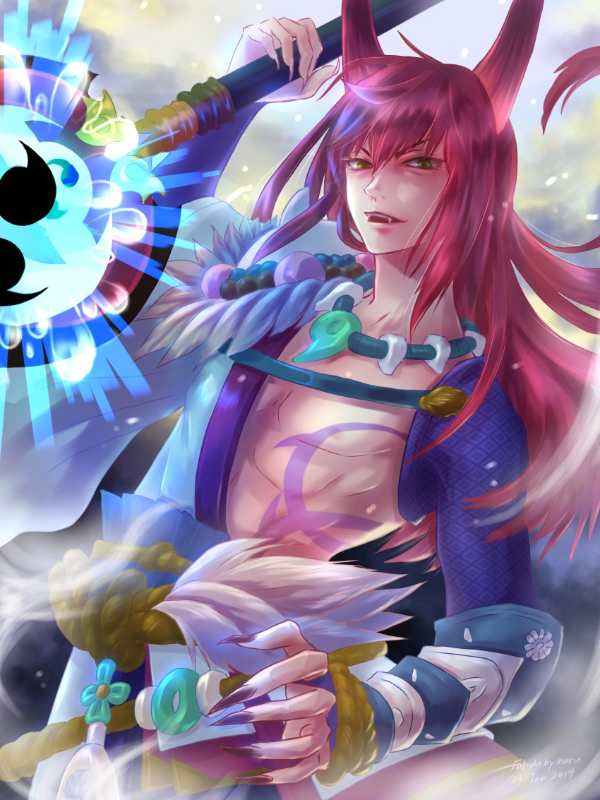 1boy abs black_nails claws fangs highres holding holding_weapon horns japanese_clothes jewelry long_hair long_sleeves looking_at_viewer male_focus midriff muscular nail_polish necklace onmyoji open_mouth red_hair solo user_exvv8824 weapon yasha_(onmyoji) yellow_eyes