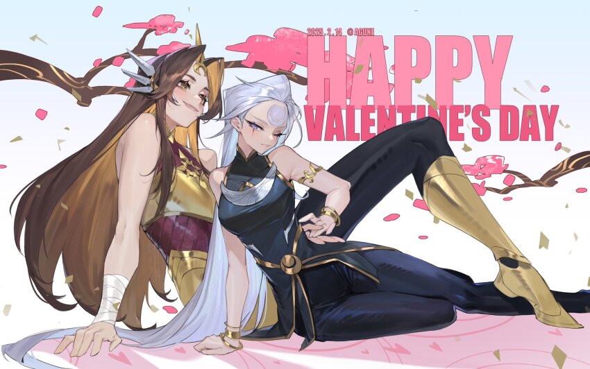 2girls agune_p armlet bandaged_arm bandages bare_shoulders brown_hair cherry_blossoms cherry_tree diana_(league_of_legends) facial_mark forehead_mark forehead_protector hand_on_floor happy_valentine highres jewelry league_of_legends leona_(league_of_legends) long_hair looking_at_viewer multiple_girls on_floor one_eye_closed simple_background sitting very_long_hair white_hair yuri