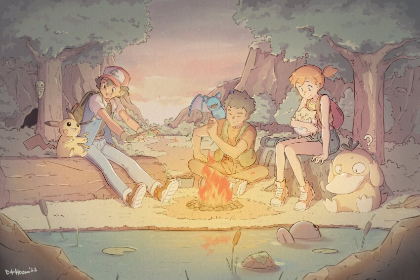 1girl 2boys absurdres ash_ketchum backpack bag belt belt_buckle brock_(pokemon) buckle bush campfire commentary dukehooverart fire gen_1_pokemon gen_2_pokemon grass green_vest highres jacket kakuna lily_pad misty_(pokemon) multiple_boys nintendo open_clothes open_jacket orange_hair outdoors pants pikachu pokemon pokemon_(anime) pokemon_(classic_anime) poliwag pond psyduck shirt shoes short_hair short_sleeves shorts sitting t-shirt togepi tree vest water yellow_shirt zubat