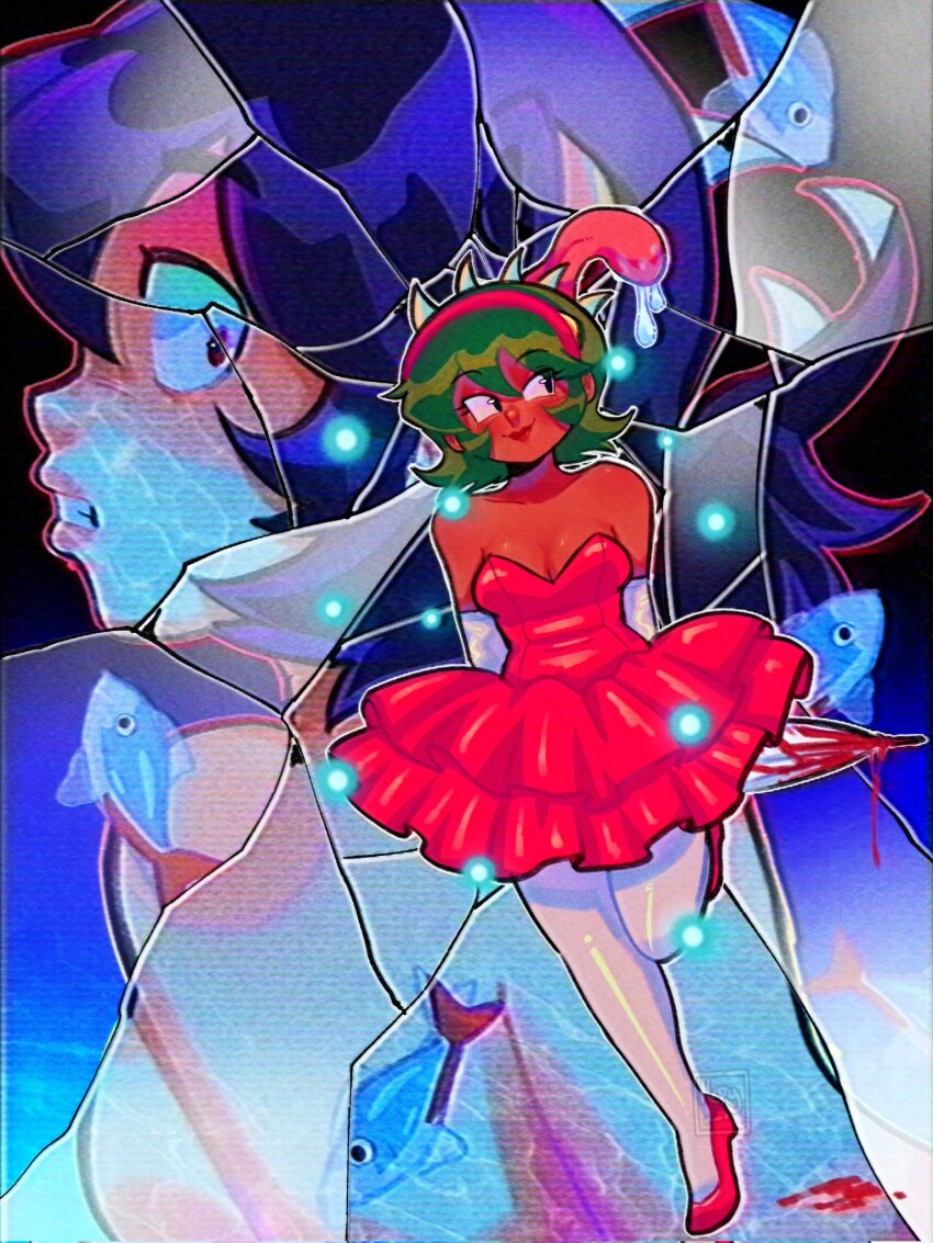 2girls alternate_costume arms_behind_back blood broken_glass cosplay dark-skinned_female dark_skin dress elbow_gloves filia_(skullgirls) fish frilled_dress frilled_skirt frills fukua_(skullgirls) glass gloves green_hair hairband high_heels highres holding holding_umbrella kirigoe_mima kirigoe_mima_(cosplay) lipstick makeup multiple_girls pantyhose perfect_blue red_eyes saliva scanlines shamone_(skullgirls) short_hair skirt skullgirls smile tongue tongue_out umbrella velvet_1960 wide-eyed