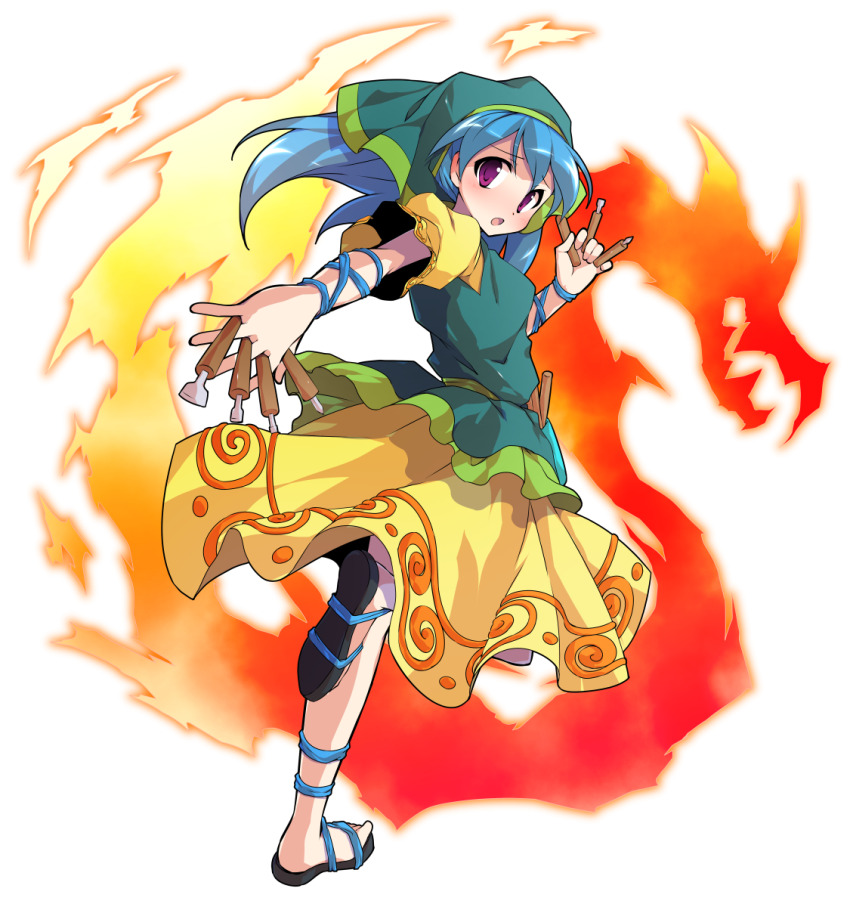 1girl :o alphes_(style) arm_ribbon between_fingers blue_hair blue_ribbon blush chisel commentary_request dairi dress fire full_body furrowed_brow green_headscarf haniyasushin_keiki headscarf highres holding large_variant_set long_hair looking_at_viewer looking_back open_mouth parody puffy_sleeves purple_eyes ribbon sandals solo standing standing_on_one_leg style_parody tachi-e tools touhou transparent_background variant_set wood_carving_tool yellow_dress