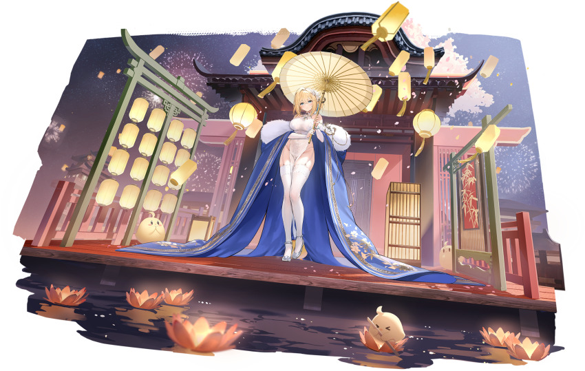 1girl absurdres aerial_fireworks architecture artist_request azur_lane bare_shoulders bird blonde_hair blue_eyes breasts bridge chick china_dress chinese_clothes chinese_new_year coat covered_navel curvy detached_sleeves dress east_asian_architecture fireworks floral_print flower from_below full_body fur_trim garter_belt garter_straps gloves gold_trim hair_between_eyes hair_flower hair_intakes hair_ornament high_heels highres holding holding_umbrella jeanne_d&#039;arc_(azur_lane) jeanne_d&#039;arc_(patron_saintess_of_celebration)_(azur_lane) jewelry lace lace-trimmed_thighhighs lace_trim lantern large_breasts legs long_hair long_legs long_sleeves looking_at_viewer lotus night night_sky non-web_source official_alternate_costume official_art oil-paper_umbrella outdoors paper_lantern parasol pelvic_curtain petals red_flower reflection reflective_water see-through_clothes shrine skindentation sky smile solo standing star_(sky) starry_sky stiletto_heels thighhighs thighs transparent_background tree umbrella water white_dress white_flower white_footwear white_garter_straps white_thighhighs wide_hips