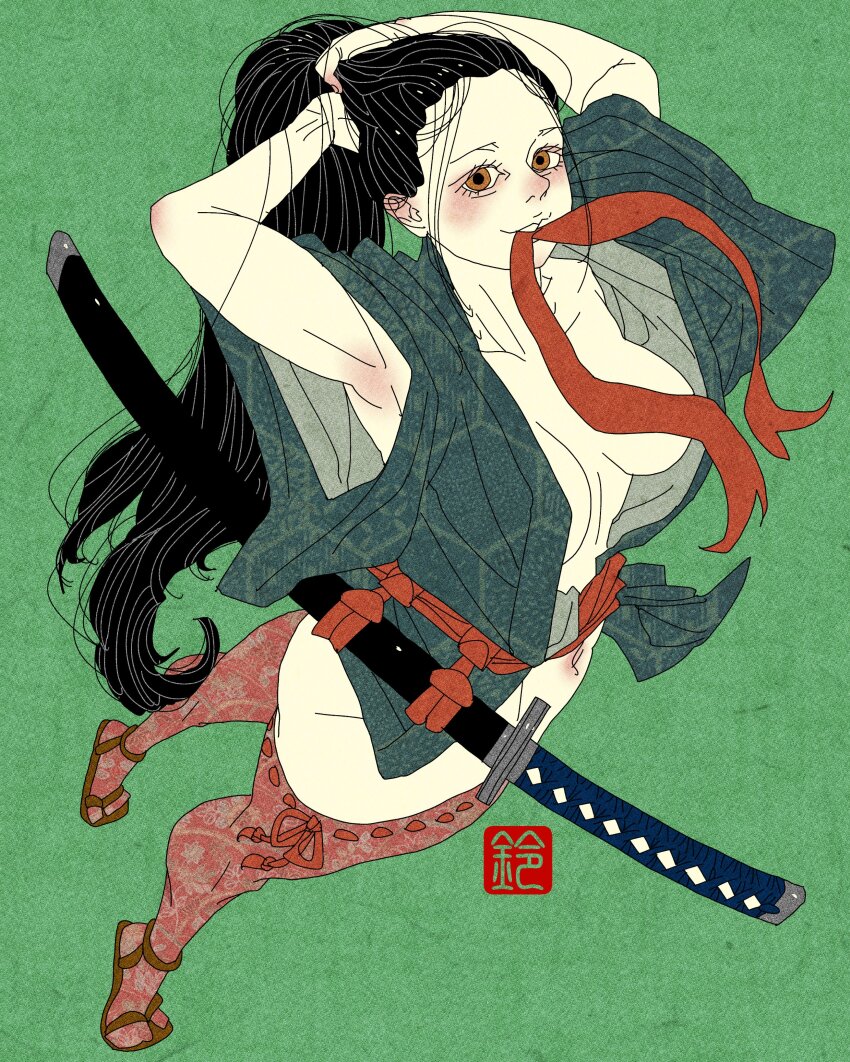 1girl absurdres armpits black_hair bottomless breasts brown_eyes cleavage fine_art_parody fixing_hair from_above full_body green_background green_kimono highres inkan japanese_clothes katana kimono long_hair looking_at_viewer medium_breasts navel nihonga object_in_mouth open_clothes open_kimono original parody red_thighhighs sandals sei5osuzuki sheath sword thighhighs tiptoes weapon