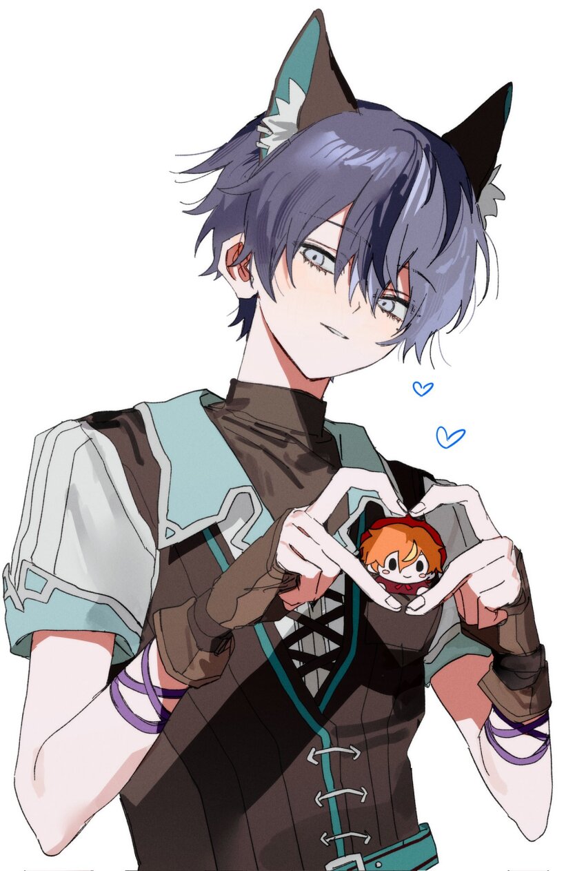 2boys akita_toushirou animal_ear_fluff animal_ears aoyagi_touya blush_stickers brown_gloves brown_shirt cat_ears chibi fingerless_gloves gloves goguma_wagamja hat heart heart_hands highres light_smile male_focus multicolored_hair multiple_boys orange_hair project_sekai purple_hair red_hat red_shirt shirt short_hair short_sleeves simple_background solo_focus streaked_hair teeth upper_body very_short_hair white_background