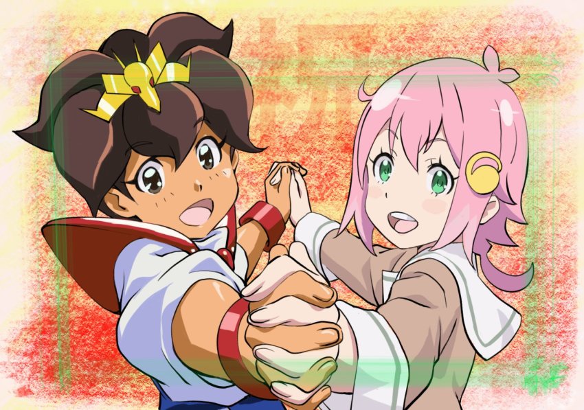 1boy 1girl armor artist_request bangle bracelet brown_eyes brown_hair commentary_request crossover granbelm green_eyes hair_ornament holding_hands ikusabe_wataru interlocked_fingers jewelry kohinata_mangetsu long_sleeves looking_at_viewer mashin_eiyuuden_wataru open_mouth pauldrons pink_hair sailor_collar school_uniform serafuku short_hair shoulder_armor three-quarter_sleeves trait_connection upper_body