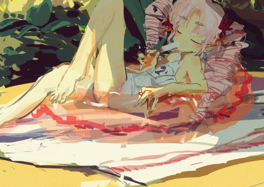 1girl alternate_costume barefoot beach beach_towel blush closed_eyes commentary_request curtained_hair day drill_hair eating foliage food foot_out_of_frame highres holding holding_food holding_popsicle kabuyama_kaigi knee_up long_hair lying on_back on_innertube one-piece_swimsuit onikko_hunter_tsuina-chan outdoors outstretched_leg pink_hair popsicle relaxing sand shade solo swimsuit towel tsuina-chan twin_drills voiceroid white_one-piece_swimsuit